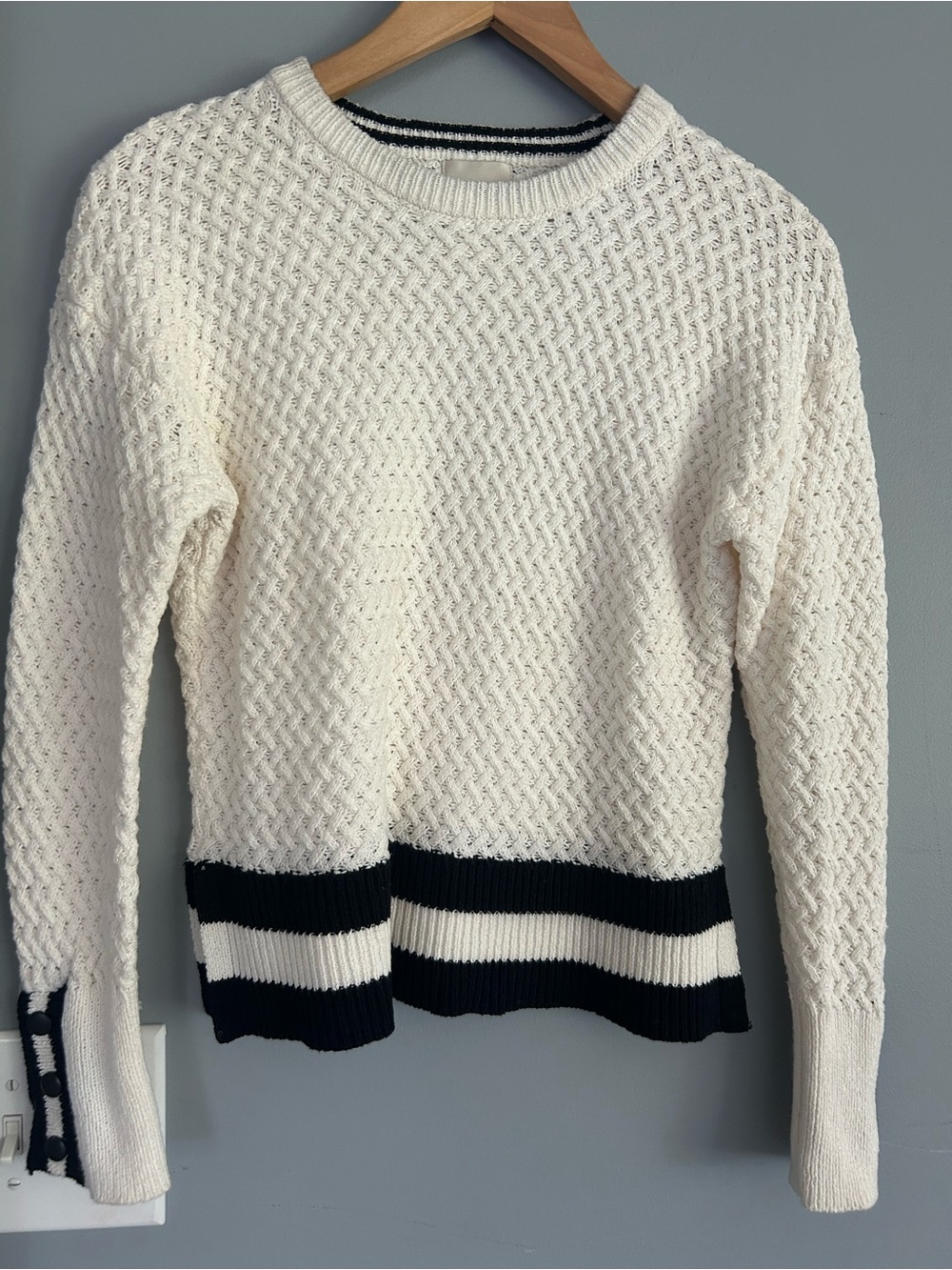 Crewneck Knit Sweater in off white  with Black Stripe